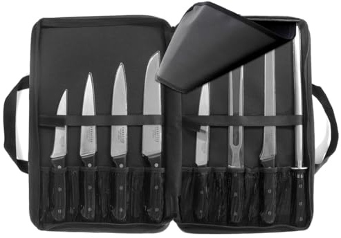SABATIER TROMPETTE - Trousse fusil à aiguiser, 7 couteaux de cuisine: Désosser, Saigner, Découper, Filet, Boucher, Pain, Couteau à jambon - Universal - Acier MoV manche ABS rivets - 44 x 30 cm - Noir