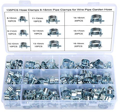 WiMas 135PCS Tuyau Clips Clip à Ressort Tuyau Serre-joints à Tuyaux Colliers de Clip Zingué pour machine à laver fil câble tuyau d'arrosage (8-18mm)