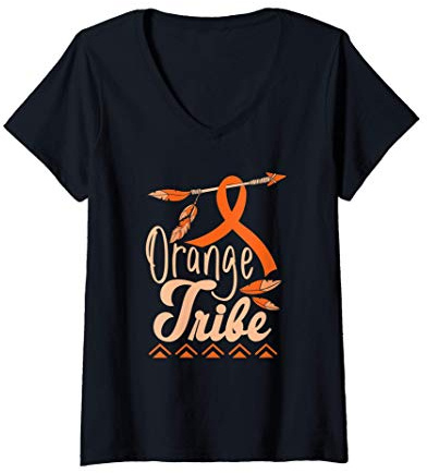 Mujer Tribu Naranja Conciencia De La Cinta Del Cáncer De Riñón Camiseta Cuello V