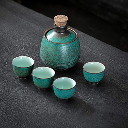 LTLWSH Ceramic Japanese Sake Set with Warmer,4 Sake Cups, Serving Carafe & Warmer Bowl,6pcs