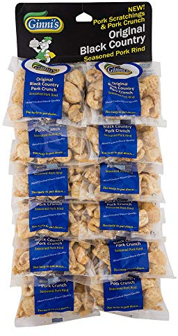 Ginnis Famous Pork Crunch Hanging Pub Bag - Pack of 12 x 25 grams - Original Black Country Seasoned Pork Rind - High Protein Low Carb Snack - Ideal for Pubs, Bars or at Home