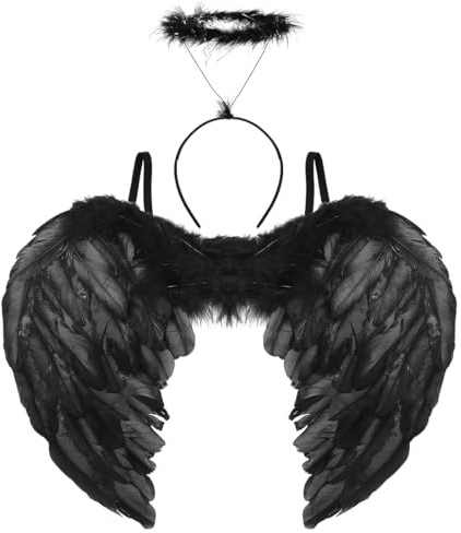 Ailes d'ange Noir, Auréole Ange, Deguisement Demon Femme, Halloween Costume Enfant Adulte, Déguisement Diable, Costume de Fête pour Halloween Carnaval Mascarade Cosplay