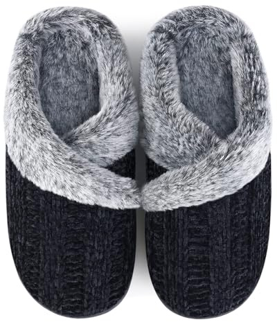 Homitem Fuzzy Slippers for Women Indoor and Outdoor Fluffy Bedroom House Shoes with Arch Support Memory Foam Winter Warm Ladeis Cute Comfy Cozy Black Size 9-10