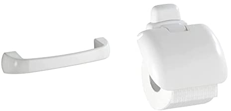 WENKO Badewannengriff Pure, Kunststoff (ABS), 28.5 x 5 x 6.5 cm, Weiß & Toilettenpapierhalter Pure mit Deckel - Papierrollenhalter, Kunststoff (ABS), 16 x 5 x 16 cm, Weiß