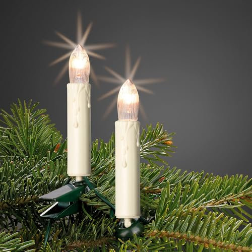 hellum Lichterkette Weihnachtsbaum, Lichterkette innen mit 15 Christbaumkerzen in elfenbein mit Wachstropfen und Clip, Weihnachtsbaum 9.8m beleuchtet, Kabelfarbe grün <59 Lumen 150940