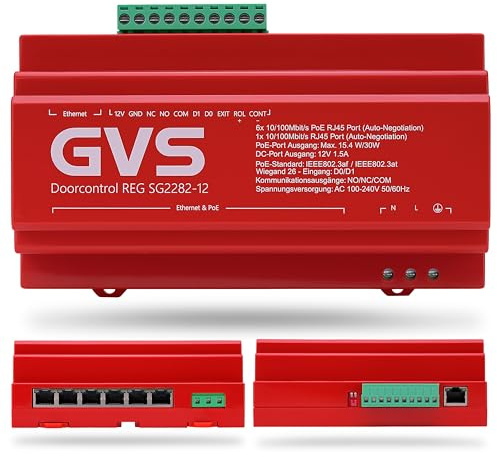 GVS Doorcontrol REG SG2282-12 V2 - PoE Switch 12V für Hutschiene | Mit 12V DC Ausgang & Wiegand 26 - Hutschienenmontage im Verteilerschrank - für IP Türsprechanlagen & Sicherheitssysteme