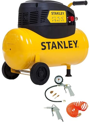 Stanley Kompressor D200/8/24 inkl. 6 Zubehörteile - Luftkompressor 8 Bar - 24L - inkl. Luftpistole, Inflatorpistole, Spiralschlauch 5M und 3 Aufsätze - Gelb