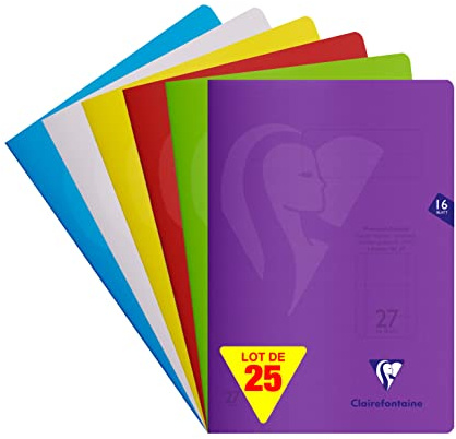 Clairefontaine 303227C - Packung mit 25 Heften S´coolbook, ideal für die Schule, DIN A4, 16 Blatt, 90g, Lineatur 27 durchgehend liniert mit Rand, Umschlag aus PP, farbig sortiert, 1 Pack