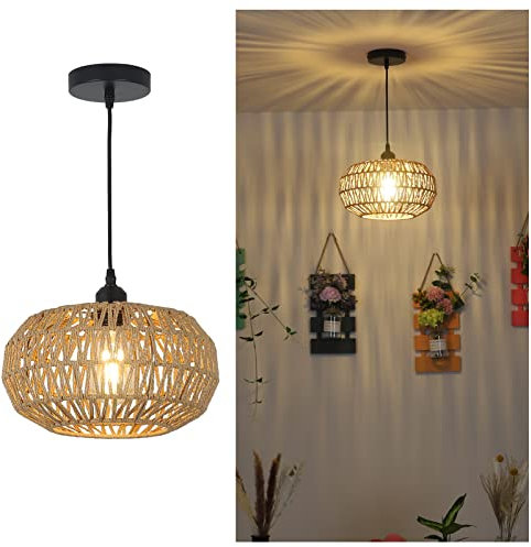 Stepeak - Lámpara colgante con pantalla de ratán, lámpara colgante de ratán, lámpara colgante rústica para dormitorio, plafón de bambú para salón comedor, pasillo cocina