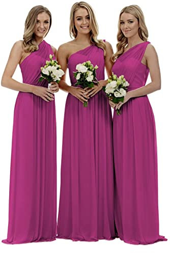 KURFACE Vestido de dama de honor de un hombro para mujer, sin mangas, largo, de gasa, formal, vestido de fiesta de noche, fucsia, 46