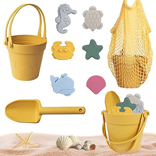 LUFEIS Sandspielzeug Set, 8 Stück Sandspielzeug Set aus Silikon, Strandspielzeug für Kinder, mit Eimer, Netzbeutel, Sandformen, Weichem Kunststoff Spielzeug Strand für Outdoor Spielzeug