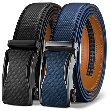 KEMISANT Gürtel Herren 2er, Ledergürtel Gürtel Ratsche Automatikschließe für Herren Verstellbar 35mm Breit mit Geschenkbox(Schwarz/Blau-110cm/30-36 taille verstellbar)