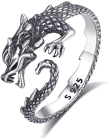 INFUSEU Sterling Silver Dragon Ring, Gothic Men's & Women's Dragon Jewelry Mythical Creature & Fantasy Medieval Inspired Unique Silver Ring