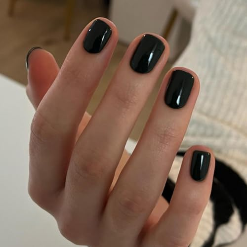MouyouGlow Press on Nails Kurz,Squared Oval Einfarbig Black Fake Nails Full Cover Kunstnägel mit Nagelkleber,Squoval Schwarz Solid Color Acryl Künstliche Fingernägel für Frauen