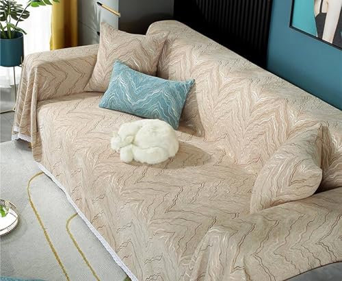 Mesnt Sofahusse 3 Sitzer, Khaki Sofaüberwurf Decke Couch Einfache Bergstruktur mit Spitze aus Chenille, 180x330cm