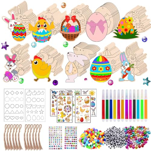 Holzanhänger Ostern Zum Bemalen, 291 Stück Basteln Set für Kinder, Mit Aquarellstift, Strass, Deko Schnur, Augen, Osteraufkleber