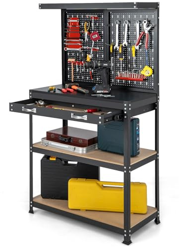 GYMAX Établi Atelier Garage, Panneau Perforé avec 14 Accessoires pour Rangement de Outils, Table de Travail, 2 Étagères Ouvertes, 2 Tiroirs, Cadre Métallique Robuste, pour Entrepôts Bricolage (Rouge)
