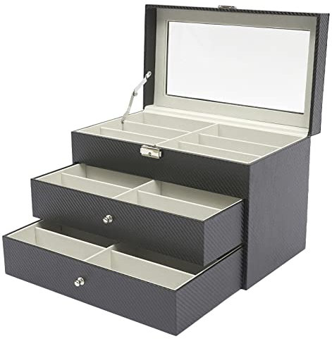 Wiyuer 18 Grid Brillenbox Brillenetui Sonnenbrille Aufbewahrungsbox Brillen Vitrine Storage Box 3-Stufige Abschließbare Brillen für Sonnenbrille und Modebrillen Schwarz 35 x 21 x 24,5 cm
