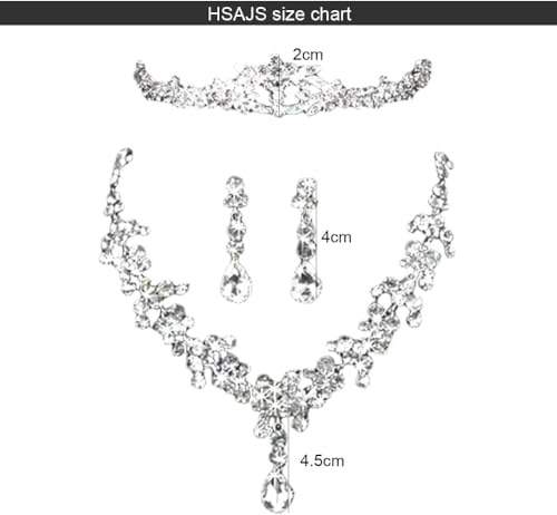 HSAJS 3 Stück Diadem Schmuckset Kristall Brautschmuck Hochzeit Tiara Halskette Ohrringe Strass Prinzessin Krone Luxus Schmuck Elegant