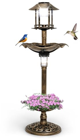 GOPLUS Comedero Pájaros con 2 Luces LED Solares, Bebedero Pájaros Exterior con Macetero de Flores y Soporte Rellenable, Decoración de Jardín Exterior, Alimentador para Aves PP 43x110cm (Bronce)