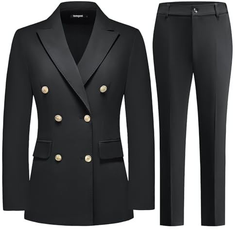 Lamgool Women Pants Suit Double Breasted 2 Piece Blazer Set Work Casual Jacket Outfits for Business (Black, Large)