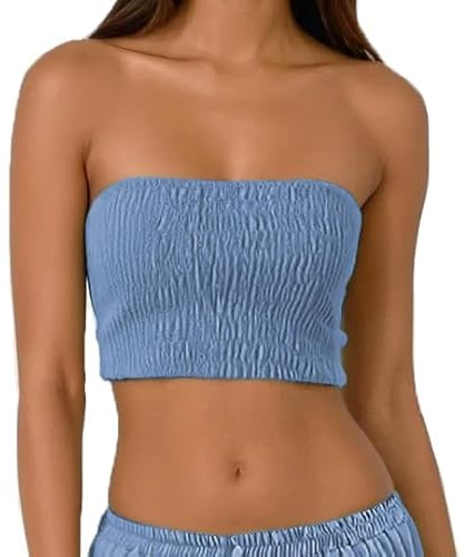 creazioni unique Top Donna Elegante Senza Spalline - Top a Fascia Corto Estivo Elasticizzato 100% Rayon (Celeste)