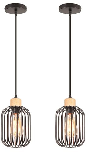 LIGKIN Lot de 2 Suspension Luminaire Industrielle Lustre Vintage Plafonnier E27 Abat-Jour Cage en Métal Design Luminaire Plafonnier Noir Éclairage Plafond pour Cuisine Salon Chambre Bar
