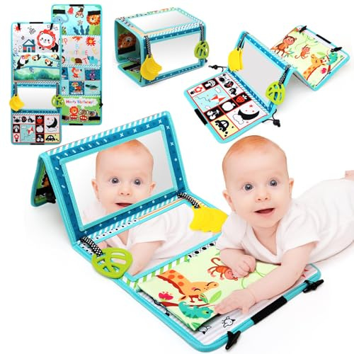 JoyPlus Baby Spiegel Spielzeug, Faltbarer Baby Spiegel Spielzeug mit Knisterbuch, Babyspielzeug mit Spiegel,Visuelle Auditive Taktile Stimulation Lernspielzeug Geschenk für Neugeborene 0 3 6 12 Monate