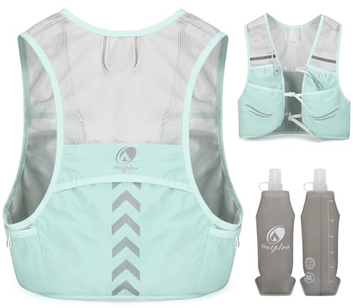 Outplea Gilet da corsa leggero con 2 bottiglie d'acqua morbide da 500 ml, zaino per idratazione da escursionismo, unisex, regolabile, riflettente, per corsa, maratona, ciclismo, verde