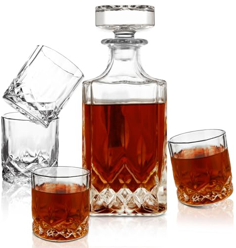 QTLCOHD 5 Pcs 26 Oz Crystal Whiskey Decanter & Whiskey Glasses Set, Liquor Decanter Set with 4 Whiskey Glasses for Tequila, Scotch, Brandy and Vodka, Gift for Men, Ideal Home Bar Decor