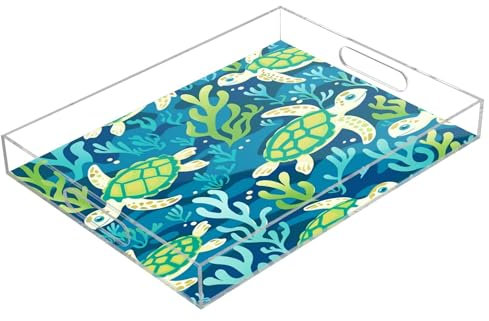 Seaweed Turtles Acrylic Serving Trays, Clear Rectangular Tray with Handles Serving Platter for Coffee Table Kitchen Bathroom