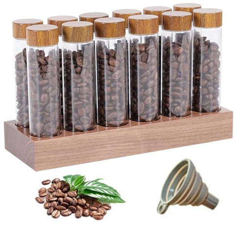 Coffee Bean Storage Single Dose 12 Tubes Glass Coffee Bean Storage with Wooden Stand, Leakproof Moisture-proof Espresso Bean Storage with Lids for Tea, Coffee, Spices