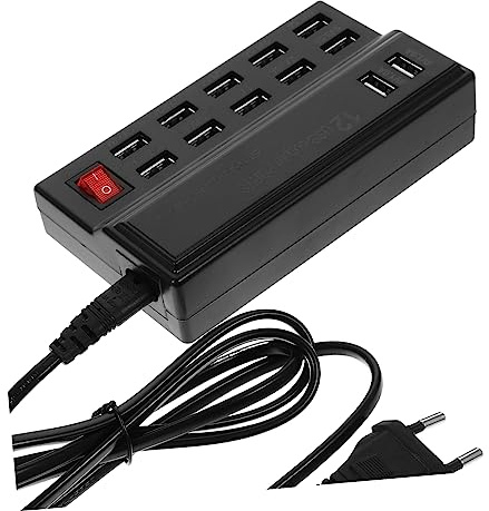 Uonlytech USB Ladestation mit 12 USB Anschlüssen, 5v 12a, Schwarz | Mehrfachladung für Tablette und USB Geräte, Kunststoffgehäuse, Reiseeinsatz, Intelligente Stromregelung