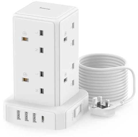 Tower Extension lead 5M, 13A Surge Protection Extension lead with Switch, 8 AC Outlets & 4 USB Ports Plug Extension Socket, Extension Cable 5M Mini Power Strip for Office, Home, Kitchen