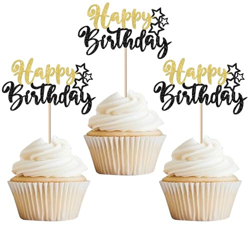 SYKYCTCY 24 Pack Happy Birthday Cupcake Toppers Glitter Happy Birthday Cupcake Picks for Celebrating Birthday Anniversary Theme Party Cake Decorations Supplies Black Gold