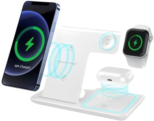 Stazione di ricarica induttiva 3 in 1, caricabatterie wireless per iPhone 16/15/14/13/12/11 Pro/Max/XS/XR/X/8/Plus, caricatore wireless pieghevole da 15 W, per Apple Watch 2/3/4/5/6/7/8/9/10 e AirPods