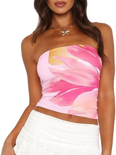Sukiglam Haut Tube Femme Sexy Crop Tube Top Été Débardeur sans Bretelles Basic élastique Bandeau Top sans Manches Slim Fit Y2K Shirt Élégant Blouse à Fleurs Casual Bustier Party Chemise Dos Nu