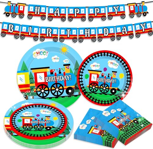 BACH AND BOUJEE Zug Party Geschirr Teller Servietten Zug Geburtstag Partygeschirr Kindergeburtstag Tischdeko Geburtstag Deko Partygeschirr für 16 Gäste