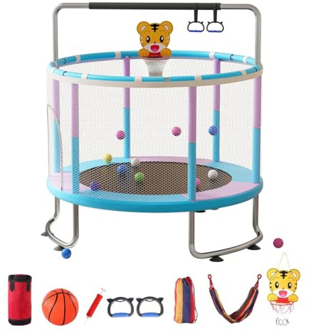 yulewiix 5FT Kids Trampoline with Enclosure Net, 440lbs Toddler Trampoline Indoor Outdoor with Adjustable Gym Bar, Basketball Hoop, Swing, Ocean Balls, Sandbag for Boys Girls Blue Purple 150CM