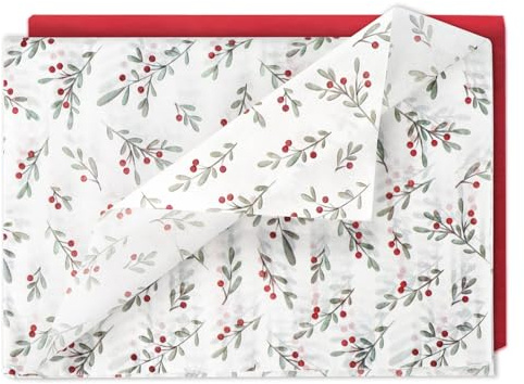 BETESSIN 20 Hojas Papel de Seda para Envolver Regalos Navidad, 50x70cm Papel Fino Rojo y Bayas de Acebo, Papel Relleno de Cajas para Navidad Cumpleaños San Valentín Boda