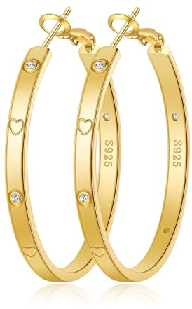 MOROTOLE Sterling Silber Creolen für Damen Gold Große Creolens mit Zirkonia und Herz Gravur Hypoallergen 4 mm Breite Große Creolen für Damen (30/40/50/60 mm)