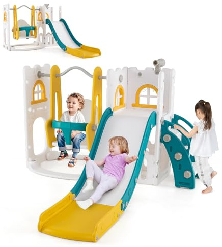 HOMASIS 7 in 1 Scivolo per Bambini da 1 a 3 Anni, Altalena Interna per Bambini con Scala, Telescopio, Canestro da Basket e Spazio di Stoccaggio, Area Giochi, Abilità Motorie (Giallo)