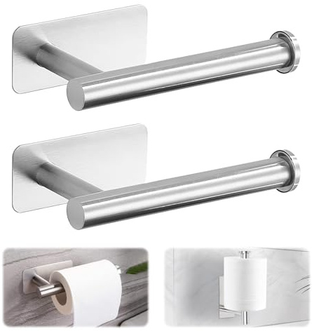 KWJEIULSOQ 2Pcs Toilet Roll Holder Self Adhesive 304 Stainless Steel,Silver | Waterproof & Rust Resistant Self Adhesive Toilet Roll Holder,Stick on Toilet Roll Holder Wall Mounted for Bathroom, Kitchen