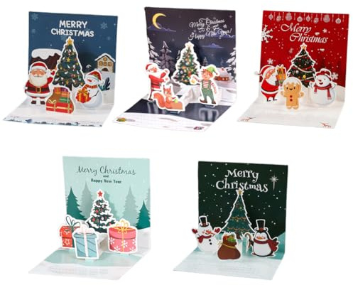 YUVKIN Confezione da 5 Biglietti di Natale 3D Pop-Up, 2024 Biglietto di Auguri Natalizio con Busta, Carta Premium, Biglietto Pop-Up Babbo Natale e Omino di Pan di Zenzero (Blu)