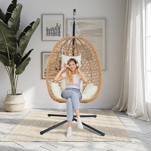 Hanging Egg Chair with Stand & Cushions - All-Weather Rattan Swing Chair for Patio, Balcony, Garden (Modern Boho Design, Ready-to-Use Indoor Outdoor)-Beige