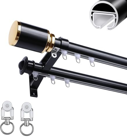Riel Doble para Cortina Barra de Cortinas Deslizante Barras de Cortinas de Aluminio Resistente con Soportes para Ventanas Baño(Black,8.2ft/250cm)