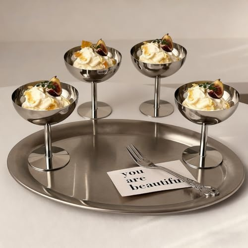 Tissting Tazas de Helado de Acero Inoxidable, Cuencos para Postres Bebidas Frías Ensaladas y Cócteles Fáciles de Limpiar Juego de 4 Unidades Recipientes Multiusos para Fiestas y Reuniones Familiares