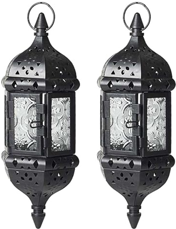 CAKEEYUM 2 Stück marokkanische Laterne, hohl, Vintage-Hängekerzenlaterne, Metall, dekorative Ramadan-Dekorationen für Zuhause, drinnen und draußen, Kerze, marokkanisch, Halter, dekorativ, L