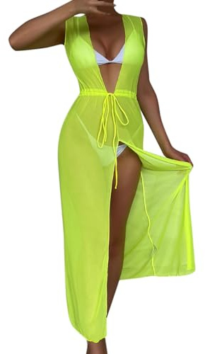 Generisk strandklänning för kvinnor, knutnät, kläder utan underkläder, V-ringad, split gaffel strandfilt, bikini, shimmery cover – för strandkjol, fransar, GUL, XL