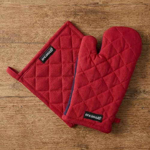 Encasa XO Oven Glove & Potholder Set, Heat Resistant Cooking Mitt Red | 100% Pure Cotton | Heat Resistant | Non-Slip Grip | Microwave & Oven Safe | 2 Piece Set